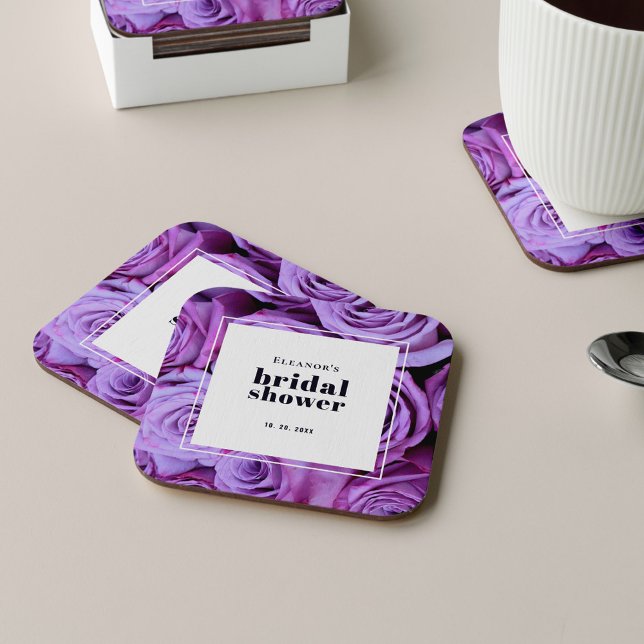 Modern Minimalist Purple Roses Bridal Shower Square Paper Coaster (Creator Uploaded)