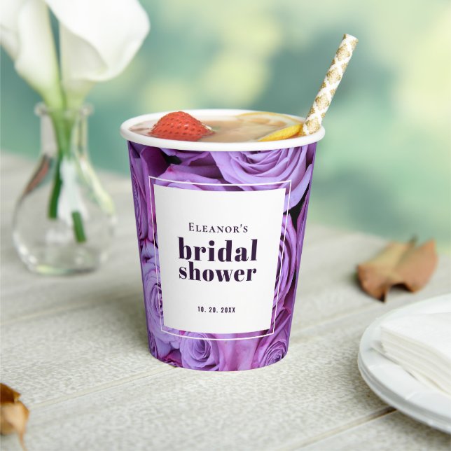 Modern Minimalist Purple Roses Photo Bridal Shower Paper Cups (Insitu)