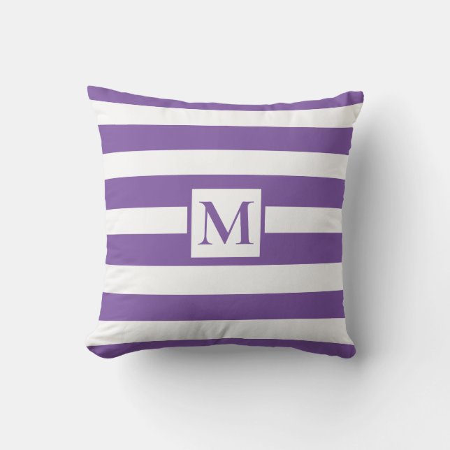 Modern minimalist purple white strips monogram cushion (Front)