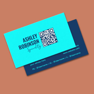 Modern Minimalist QR code cyan blue professional Business Card