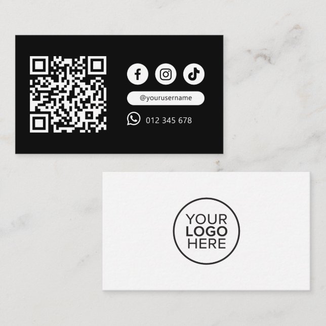 Modern Minimalist Qr Code Social Media Black White Business Card (Front/Back)