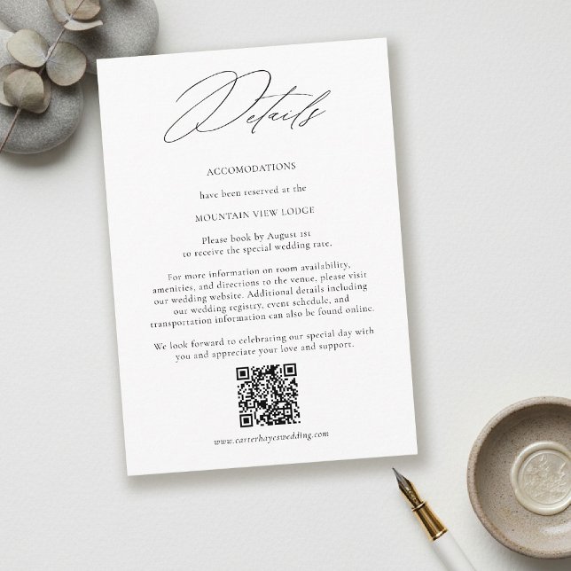 Modern Minimalist QR Code Wedding Details Enclosure Card (Single modern minimalist wedding stationery card flat lay, one card only, centered on a soft neutral)