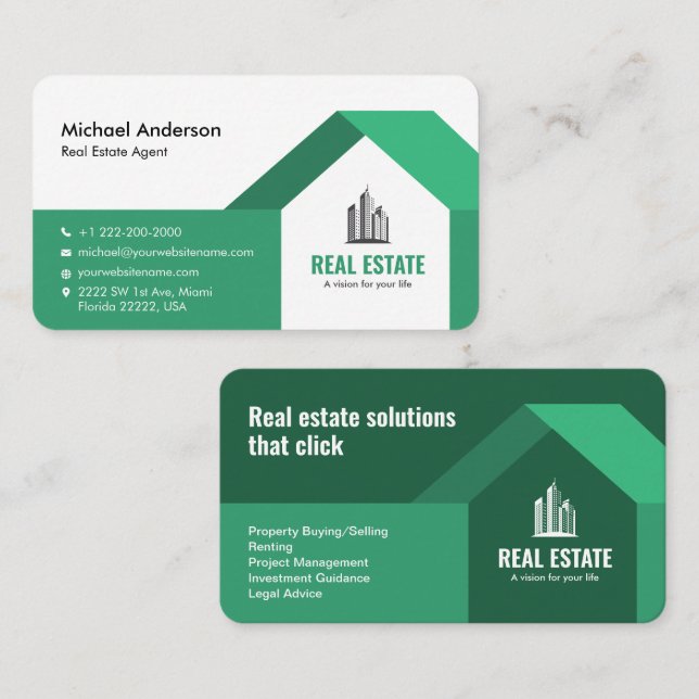 Modern Minimalist Real Estate Green Business Card (Front/Back)