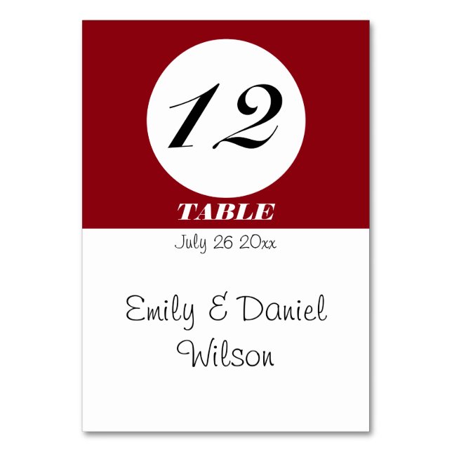 Modern Minimalist Red And White Wedding Table Number (Front)