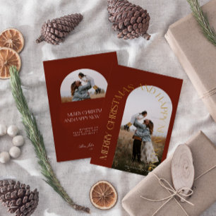 Modern Minimalist Red Arch 2 Photo Merry Christmas Foil Holiday Card