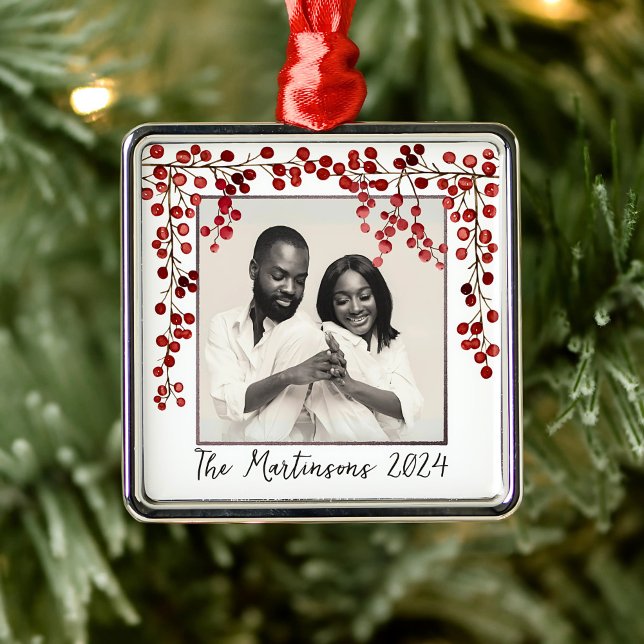 Modern Minimalist Red Berries Christmas Photo  Metal Ornament (Creator Uploaded)
