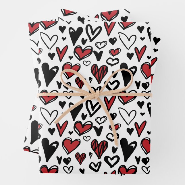 Modern Minimalist Red, Black and White Hearts Wrapping Paper Sheet (In situ)