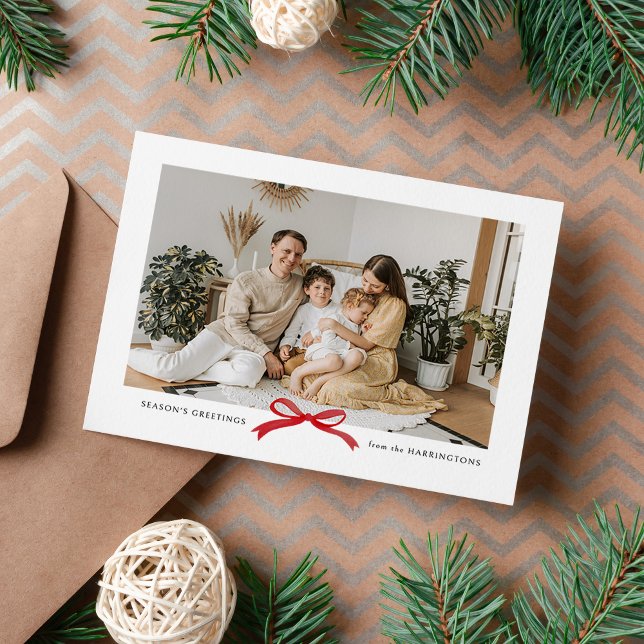 Modern Minimalist Red Bow Photo Holiday Postcard (Creator Uploaded)