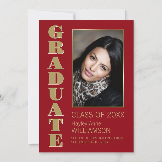 Modern Minimalist Red Gold Photo Graduation Announcement (Front)