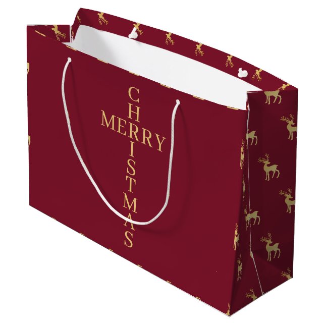 Modern Minimalist Red & Golden Reindeer Christmas Large Gift Bag (Back Angled)