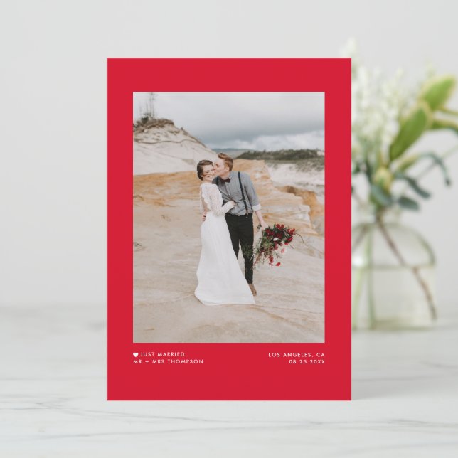 Modern Minimalist Red Just Married Photo Wedding Announcement (Standing Front)