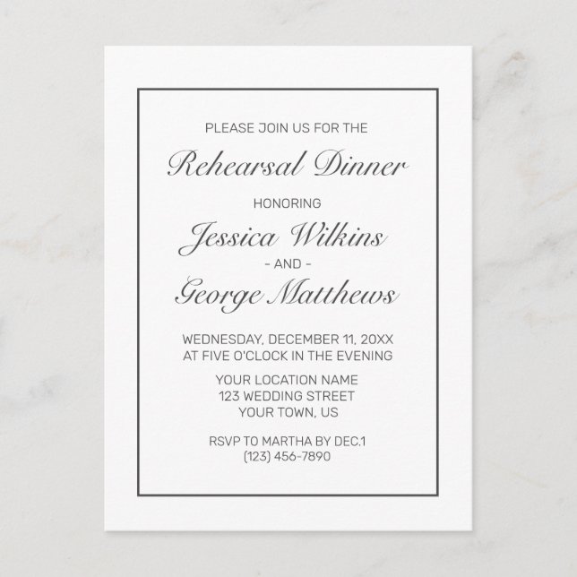 Modern Minimalist Rehearsal Dinner Invitation Postcard (Front)