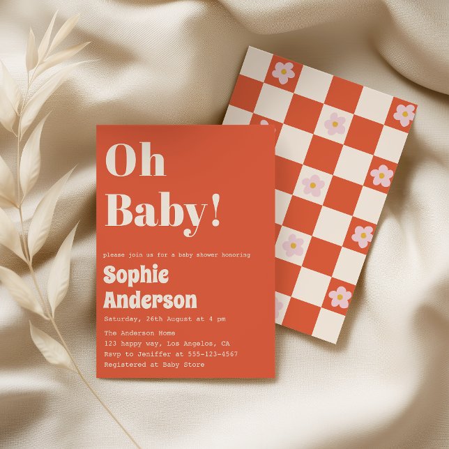 Modern Minimalist Retro Coral  Oh Baby Shower Invitation (Creator Uploaded)