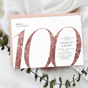 Modern minimalist rose gold glitter 100th birthday invitation