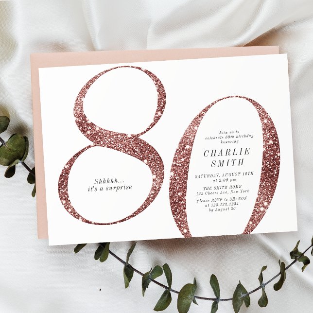 Modern minimalist rose gold glitter 80th birthday invitation (Modern minimalist rose gold glitter 80th birthday invitation)