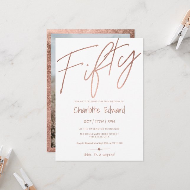 Modern minimalist rose gold photo surprise fifty invitation (Front/Back In Situ)