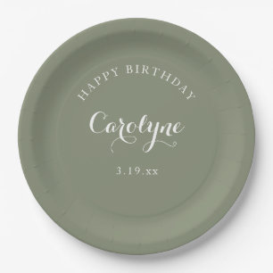 Modern Minimalist Sage Green Birthday Paper Plate