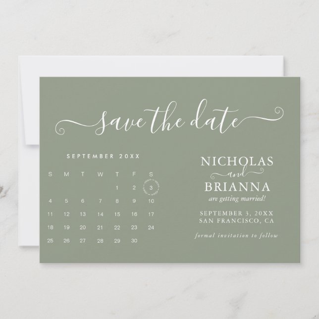Modern Minimalist Sage Green Calendar Budget Save The Date (Front)
