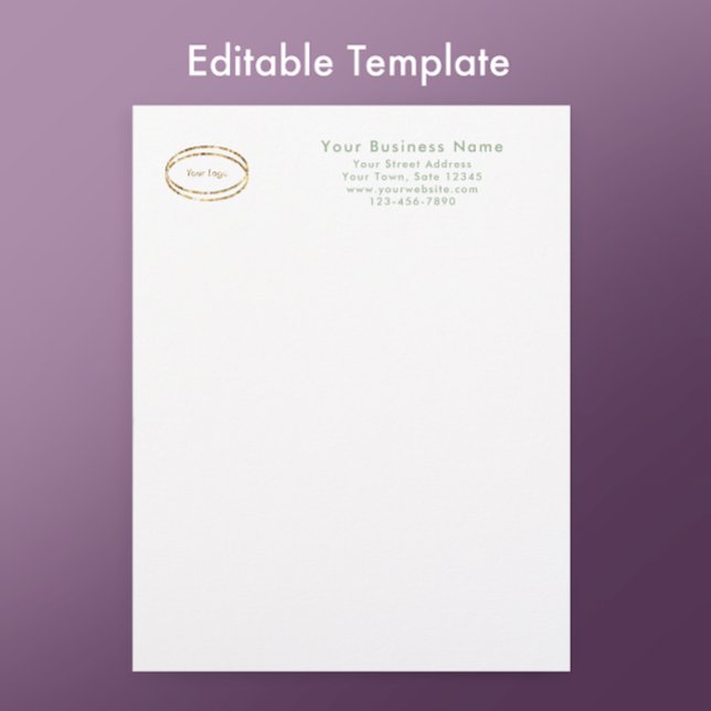 Modern Minimalist Sage Green Custom Business Logo Letterhead (Personalize this sage green letterhead template. Add your business logo and custom modern script.
)