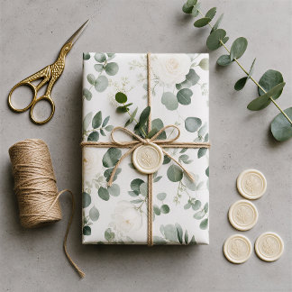 Modern Minimalist Sage Green Floral Eucalyptus Wrapping Paper