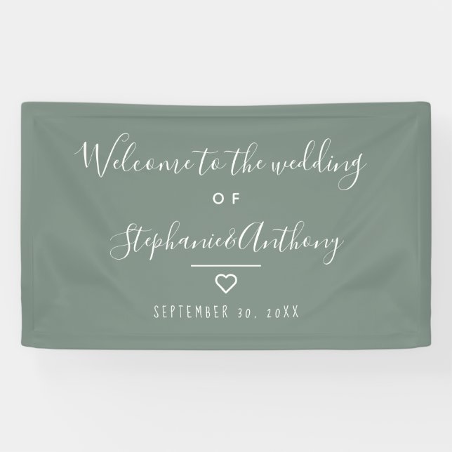 Modern Minimalist Sage Green Heart Wedding  Banner (Horizontal)