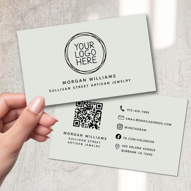 Modern Minimalist Sage Green Logo QR Code Business Card (Creator Uploaded)