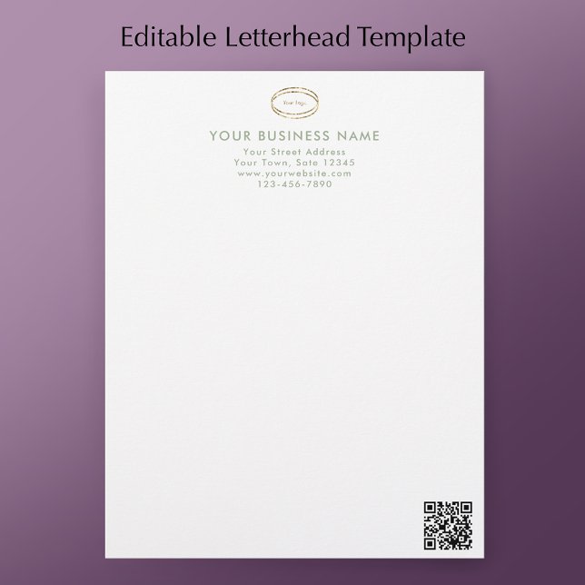 Modern Minimalist Sage Green QR Code Business Logo Custom Letterhead (Personalize this modern sage green script letterhead with your business details, logo & QR code.
)