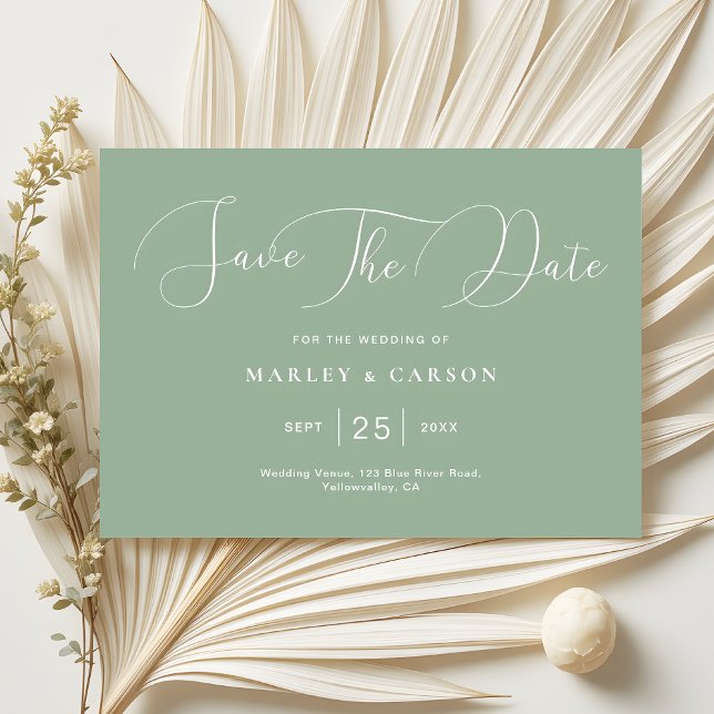 Modern Minimalist Sage Green Script Wedding Save The Date (Creator Uploaded)