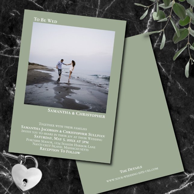 Modern Minimalist Sage Green Simple Photo Wedding Invitation (In Situ Front/Back)
