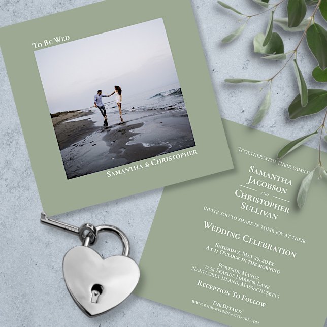 Modern Minimalist Sage Green Square Photo Wedding Invitation (Front/Back)