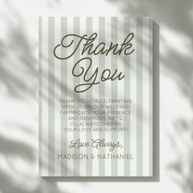 Modern Minimalist Sage Green Stripes Wedding Thank You Card (Creator Uploaded)