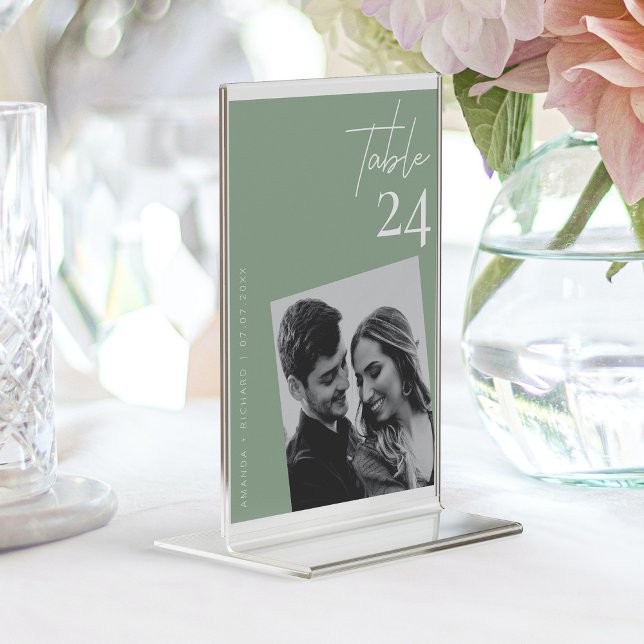 Modern Minimalist Sage Green Wedding Photo Table Number (Sage Green Modern Photo Minimalist Romance Table Number)