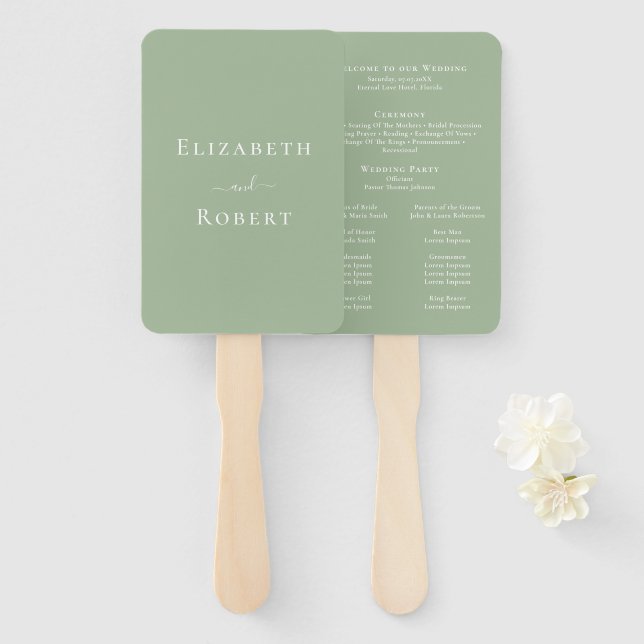 Modern Minimalist Sage Green Wedding Program Hand Fan (Front and Back)