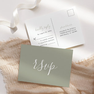 Modern Minimalist Sage Green Wedding RSVP Postcard