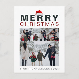 Modern Minimalist Santa Hat 4 Photo Christmas Holiday Postcard