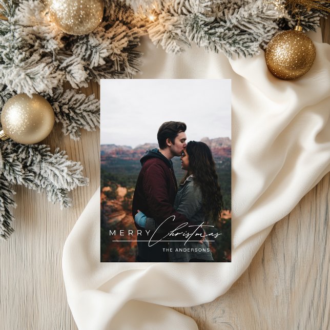 Modern Minimalist Script 1 Photo Merry Christmas Holiday Card (Creator Uploaded)