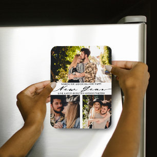 Modern Minimalist Script 3 Photo Collage New Year Magnet