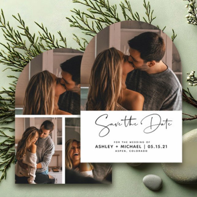 Modern Minimalist Script 4 Photo Arch Wedding Save The Date (Creator Uploaded)