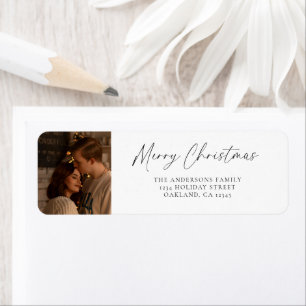 Modern Minimalist Script and Photo Merry Christmas Return Address Label