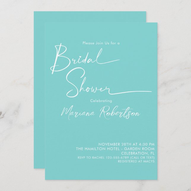Modern Minimalist Script Aqua Blue Bridal Shower Invitation (Front/Back)