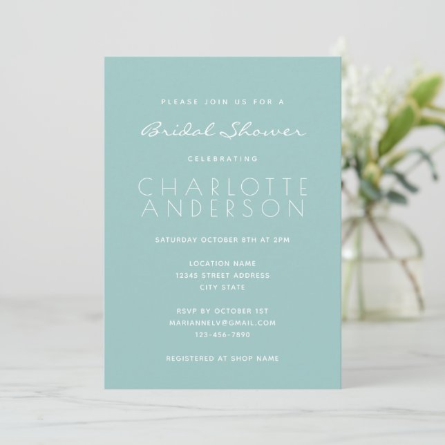 Modern Minimalist Script Aqua Bridal Shower  Invitation (Standing Front)
