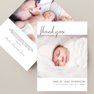 Modern Minimalist Script Baby Shower 2 Photos Thank You Card