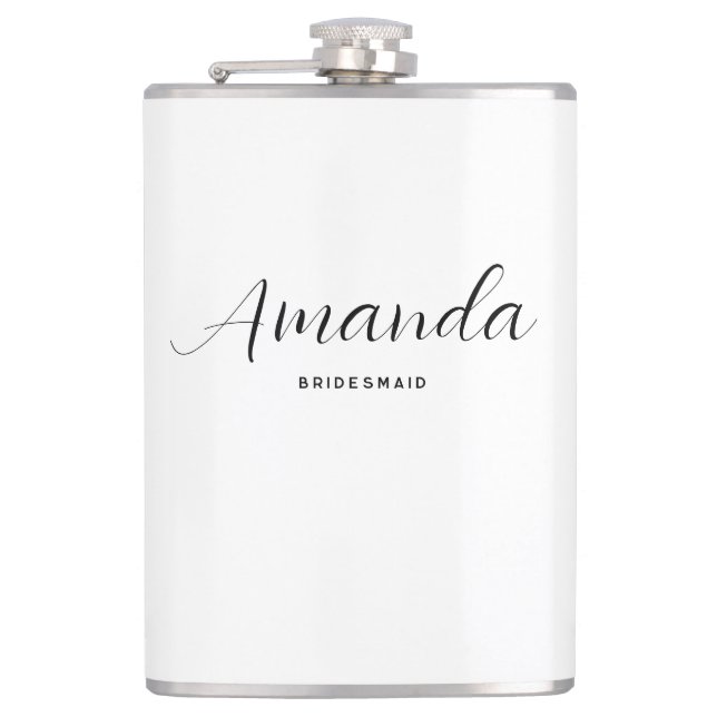 Modern Minimalist Script Bachelorette Bridesmaid Hip Flask (Front)