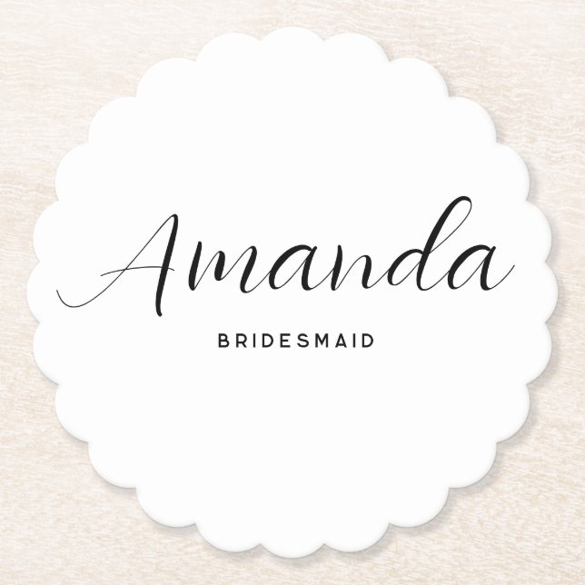 Modern Minimalist Script Bachelorette Bridesmaid Paper Coaster (Front)