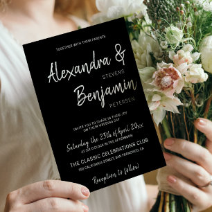 Modern minimalist script black and white wedding invitation