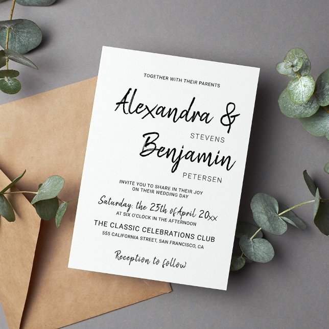 Modern minimalist script black and white wedding invitation (Creator Uploaded)