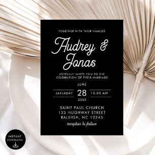 Modern Minimalist Script Black and White Wedding Invitation