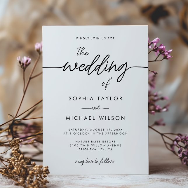 Modern Minimalist Script Black And White Wedding Invitation (Creator Uploaded)