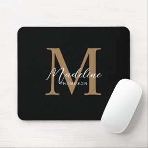 Modern Minimalist Script Black Gold Monogram Mouse Pad