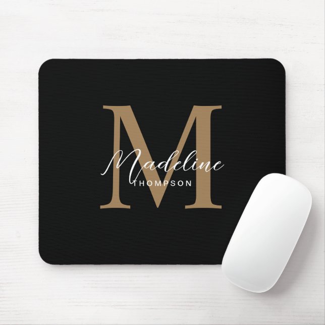 Modern Minimalist Script Black Gold Monogram Mouse Pad (With Mouse)